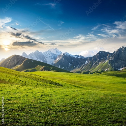 Green Field Beautiful Mount Sky and River Background AI Image