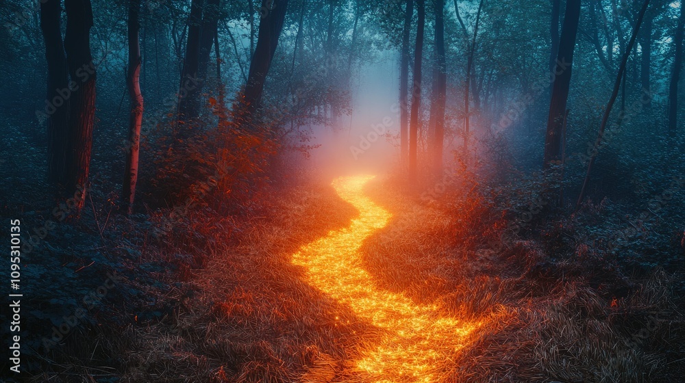 A mystical forest path illuminated by glowing lava, shrouded in mist and surrounded by trees. A mystical forest path illuminated by glowing lava, shrouded in mist and surrounded by trees.
