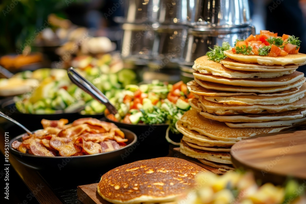 Delicious Buffet Breakfast with Pancakes, Bacon, and Fresh Salad - A tempting breakfast buffet spread featuring fluffy pancakes, crispy bacon, and vibrant fresh salads. Enjoy a hearty and healthy sta Delicious Buffet Breakfast with Pancakes, Bacon, and Fresh Salad - A tempting breakfast buffet spread featuring fluffy pancakes, crispy bacon, and vibrant fresh salads. Enjoy a hearty and healthy sta