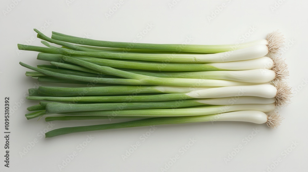 Neatly arranged green onions with bright white skins on a white background capturing their full length and vibrant colors Neatly arranged green onions with bright white skins on a white background capturing their full length and vibrant colors