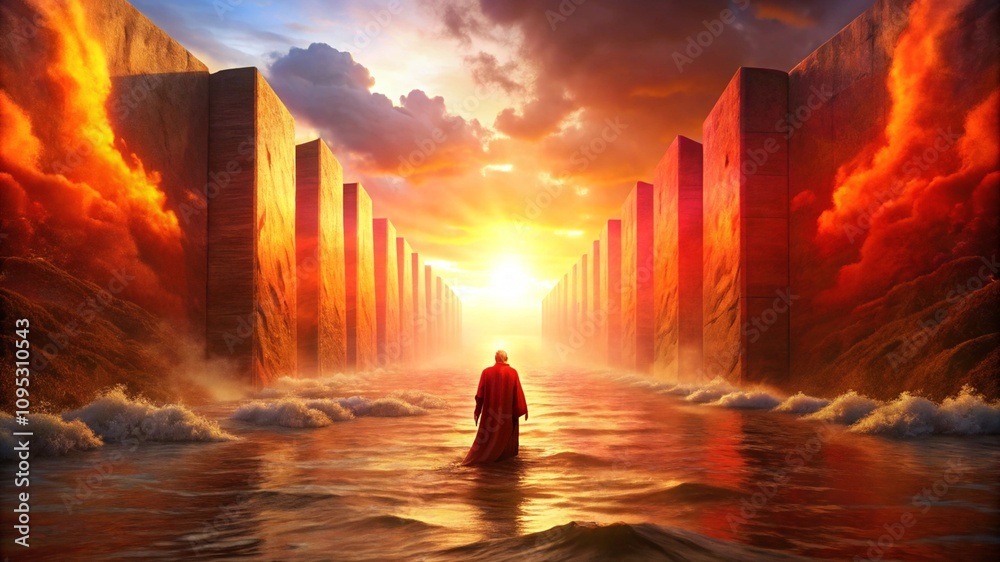 Fototapeta premium Biblical illustration of the Red Sea parted, showing a glowing seabed and dramatic sky