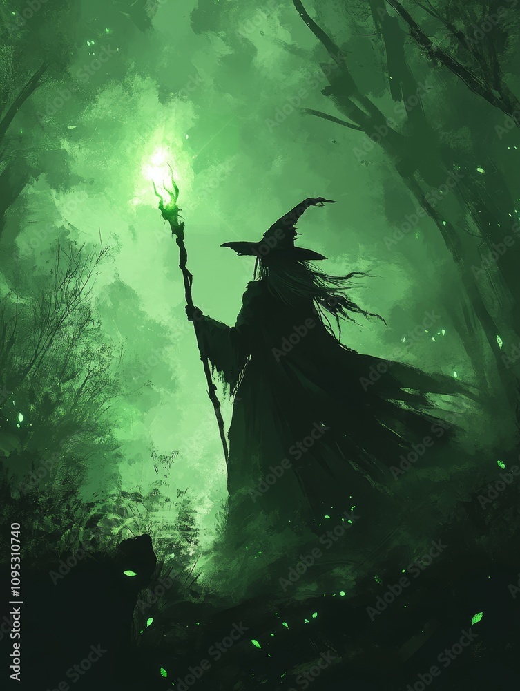 Fototapeta premium Enchantress of the Emerald Forest - A mysterious silhouette of a witch, staff glowing, embodies magic, mystery, nature, darkness, and power within a mystical green forest.