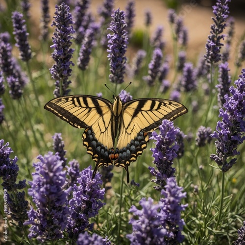 A swallowtail butterfly fluttering around lavender blooms in a cottage garden. photo