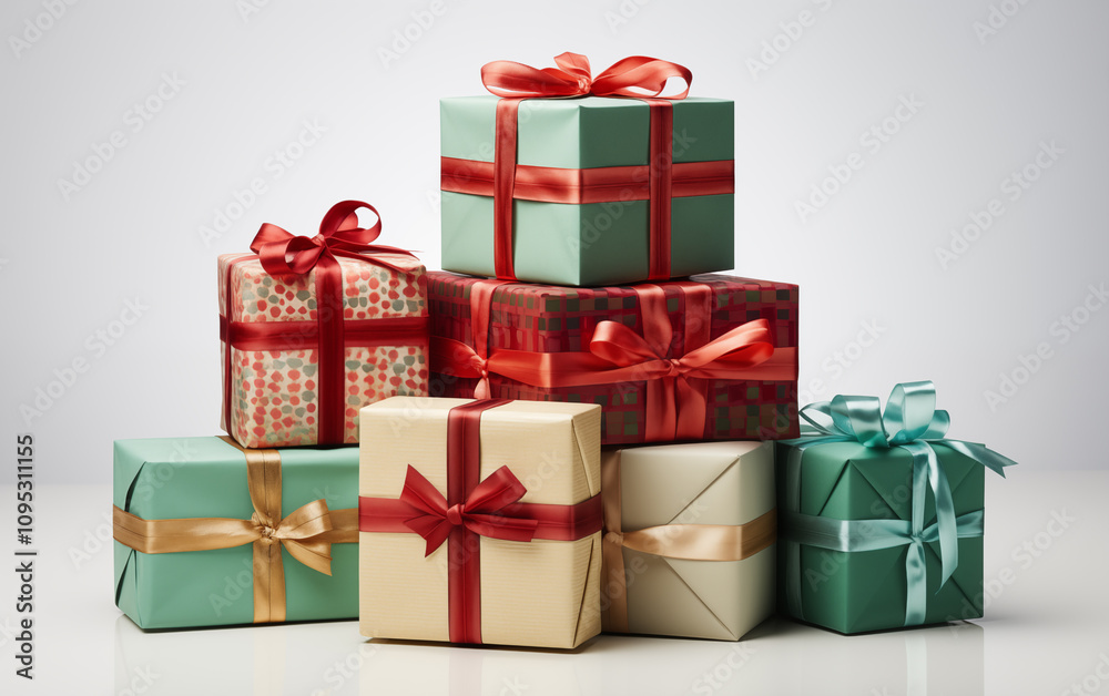 A colorful pile of Christmas gifts wrapped in vibrant paper and ribbons on a white background A colorful pile of Christmas gifts wrapped in vibrant paper and ribbons on a white background