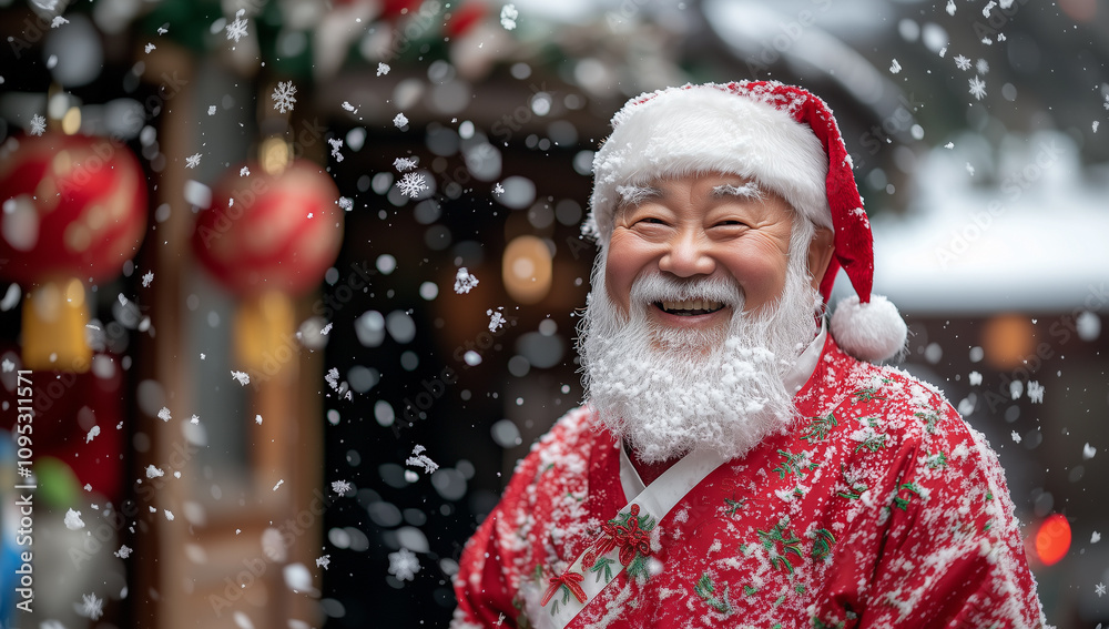 Happy Chinese Santa Claus in red outfit enjoying the snowfall outdoors during the festive season Happy Chinese Santa Claus in red outfit enjoying the snowfall outdoors during the festive season