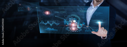 Data Science: Machine learning, data visualization, statistical modeling, data mining, algorithm development, insights. Businessman analyzing data science progress chart on digital interface.