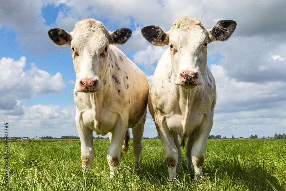 Two cows white, standing in the middle of a field in the Netherlands, a blue sky and horizon over land Two cows white, standing in the middle of a field in the Netherlands, a blue sky and horizon over land