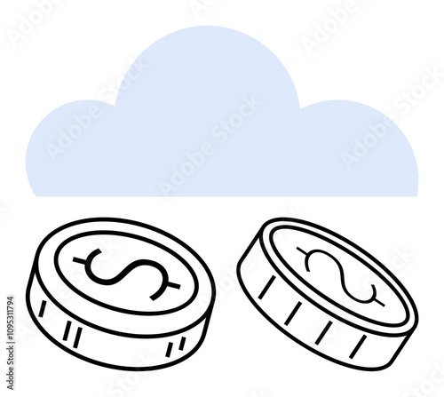 Currency coins featuring dollar signs beneath a cloud shape. Ideal for finance, cloud services, technology, investment, economy, savings, and digital transactions themes. Line metaphor