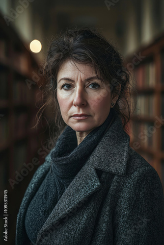 portrait of a middle-aged woman in a library