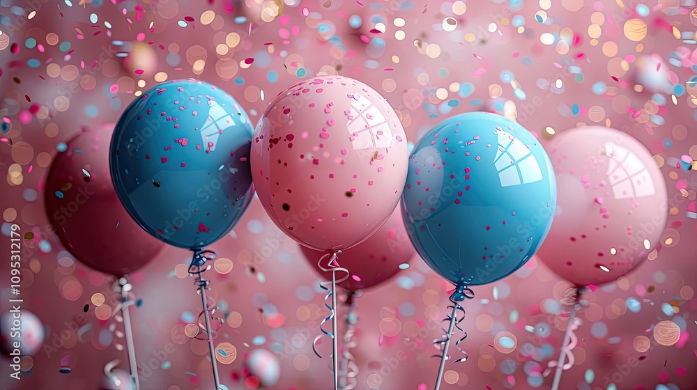 Pink and blue festive birthday party background with balloons, confetti. Party or birthday celebration copy space. Concept of happiness, joy, birthday. Wide Angle Holiday, Banner With Copy Space Pink and blue festive birthday party background with balloons, confetti. Party or birthday celebration copy space. Concept of happiness, joy, birthday. Wide Angle Holiday, Banner With Copy Space