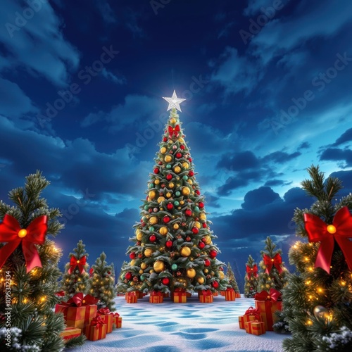  3d illustration chirstmas tree with ornmanets and lights christmas tree holiday winter festive celebration    photo