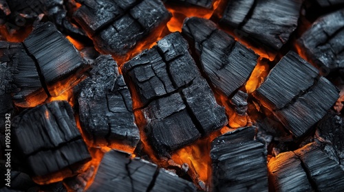 Close-up of glowing charcoal embers creating a warm, inviting glow in a dark setting. photo