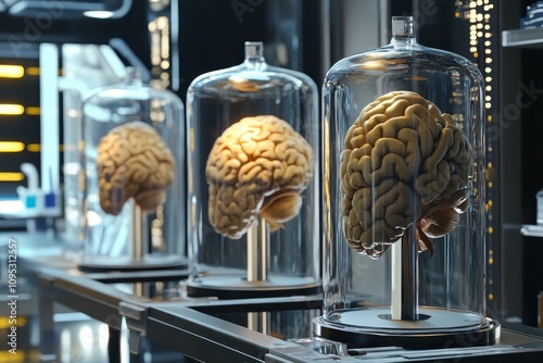 Futuristic Brains in Glass: A Glimpse into the Future of Neurology - Preserved brains in glass containers, symbolizing scientific advancement, medical mysteries, artificial intelligence, memory preser photo