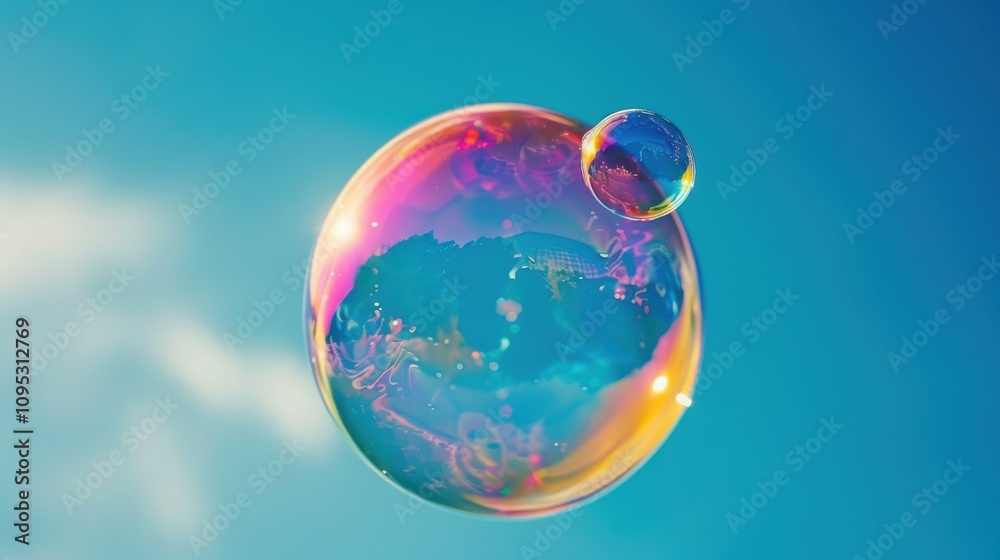 A close-up of a colorful soap bubble floating against a bright blue sky A close-up of a colorful soap bubble floating against a bright blue sky