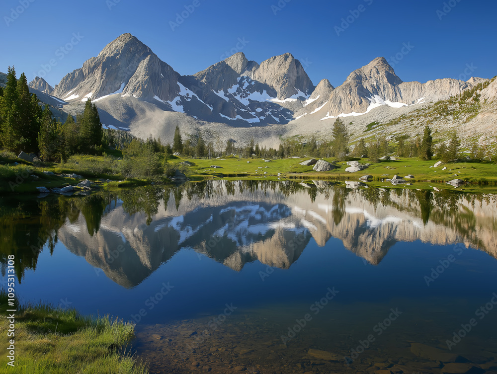 majestic mountain reflected in a calm blue lake under clear sky majestic mountain reflected in a calm blue lake under clear sky
