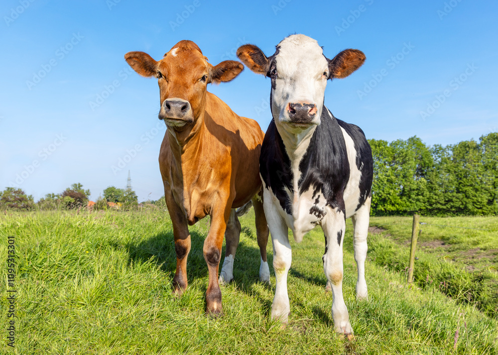 Two cows side by side, together, multi colored red and black and white diversity, blue sky