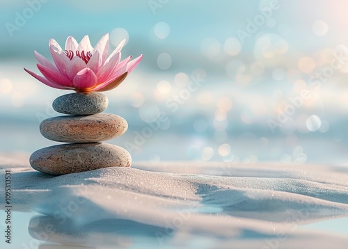 Pink Water Lily and Stacked Stones on a Beach