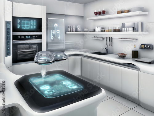 futuristic smart kitchen with advanced cooking interfaces photo