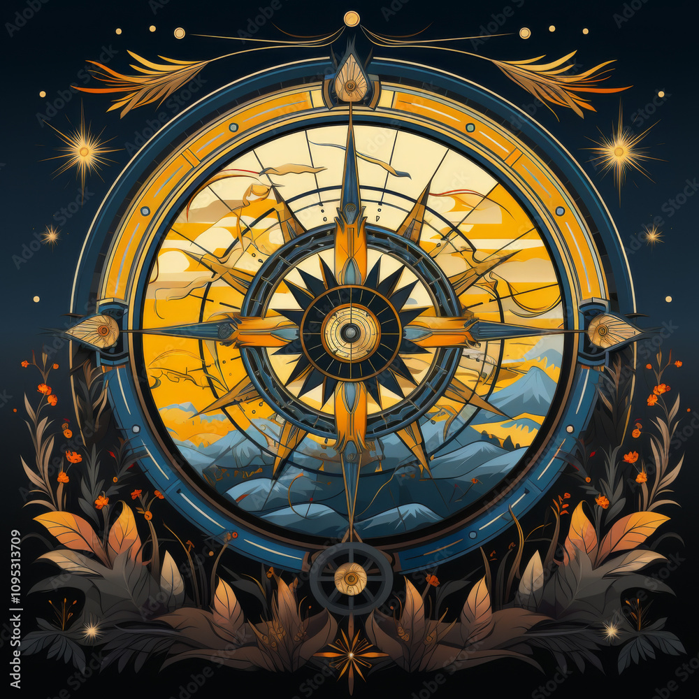 Fototapeta premium Intricate illustration of a celestial compass surrounded by botanical elements and mountains