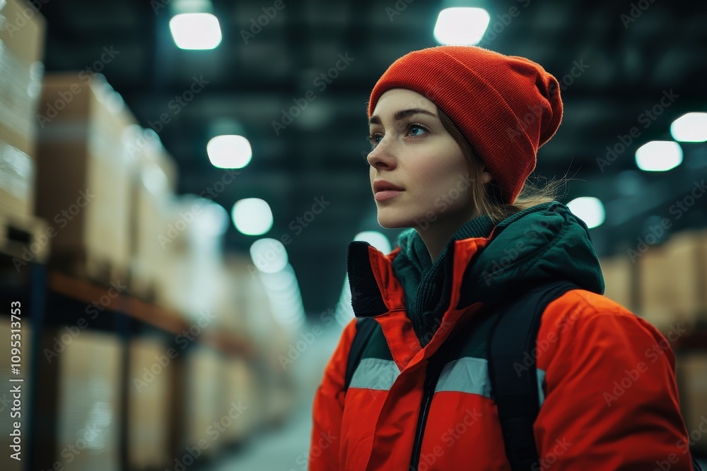 Young Woman in Bright Orange Jacket and Red Beanie in Warehouse Setting, Reflecting on Work Environment, Professional and Determined Look, Industrial Background Young Woman in Bright Orange Jacket and Red Beanie in Warehouse Setting, Reflecting on Work Environment, Professional and Determined Look, Industrial Background