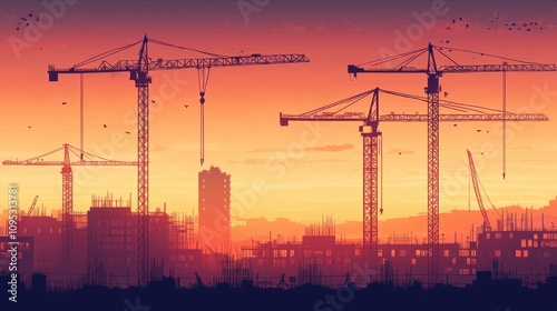 Silhouetted construction cranes against a vibrant sunset, creating a striking contrast with the urban skyline.