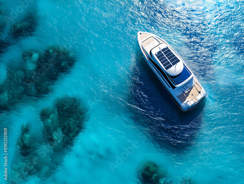 solar powered ship floating on calm turquoise sea photo