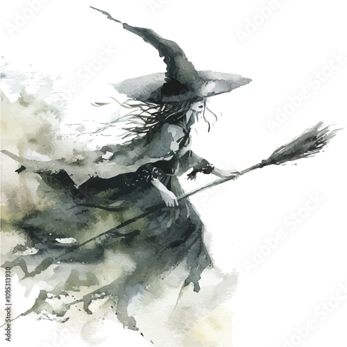 A watercolor illustration of Witch Riding a Broom, isolated on a white background. Witch vector.