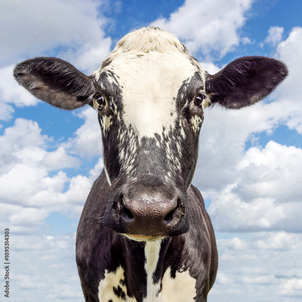 Black mottled cow, headshot funny pattern, cute and happy, a blue cloudy sky
