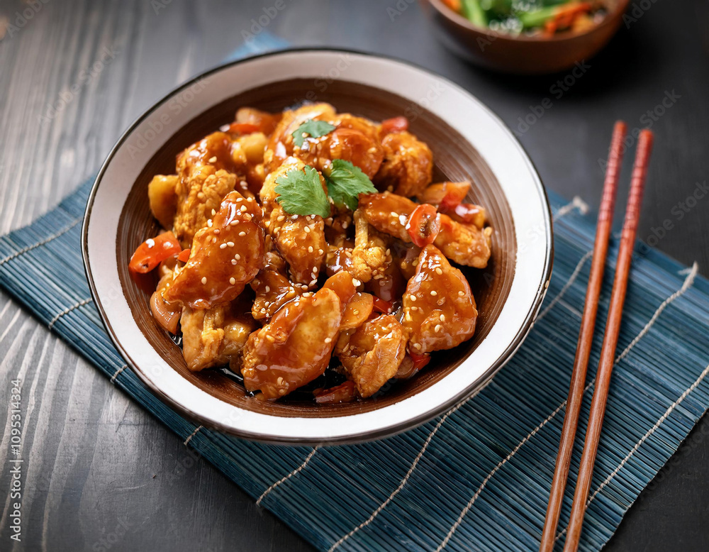 A bowl of glazed Asian-style chicken pieces garnished with sesame seeds and fresh herbs is served on a blue placemat with chopsticks alongside. A bowl of glazed Asian-style chicken pieces garnished with sesame seeds and fresh herbs is served on a blue placemat with chopsticks alongside.