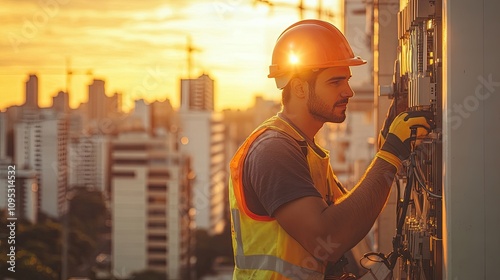 Telecommunications technician working with cables, in a building wall, outdoors.