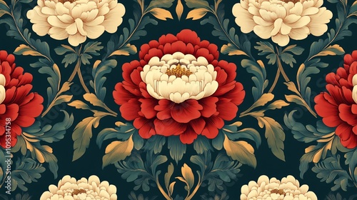 Wallpaper Mural Bold Red and Gold Floral Wallpaper on Dark Teal Background | Elegant Seamless Pattern for Modern Decor Torontodigital.ca