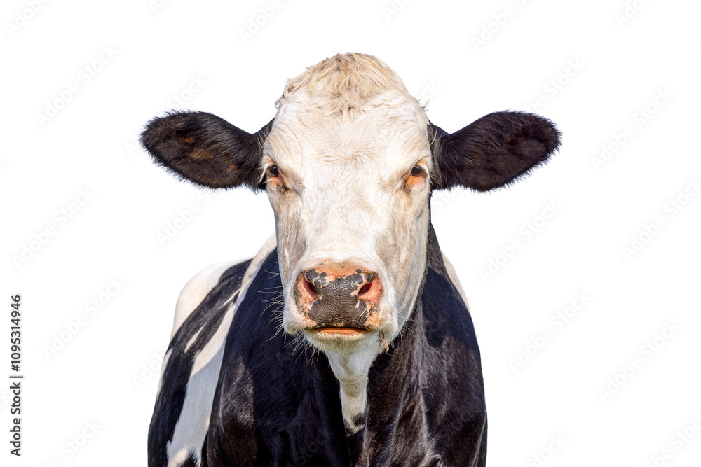 Cow head isolated on white, fleckvieh looking at camera, black and white