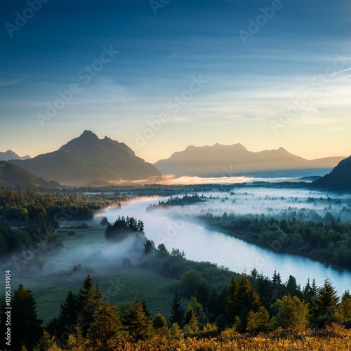 Green Field Beautiful Mount Sky and River Background AI Image