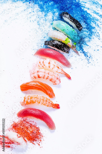 Delicious sushi set served on a minimalistic background, Generative AI