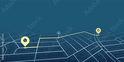 Abstract GPS navigation. Location tracker dashboard with data of arrive time. City street road with pins on map. Street roads and location, vector background. Huge city top view