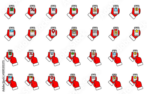 Online Christmas Shopping or New Year Sale or Black Friday. Santa Claus hands or red winter mittens hold phone with symbols of sale and shopping. Thin line colored vector icons set. Editable Strokes