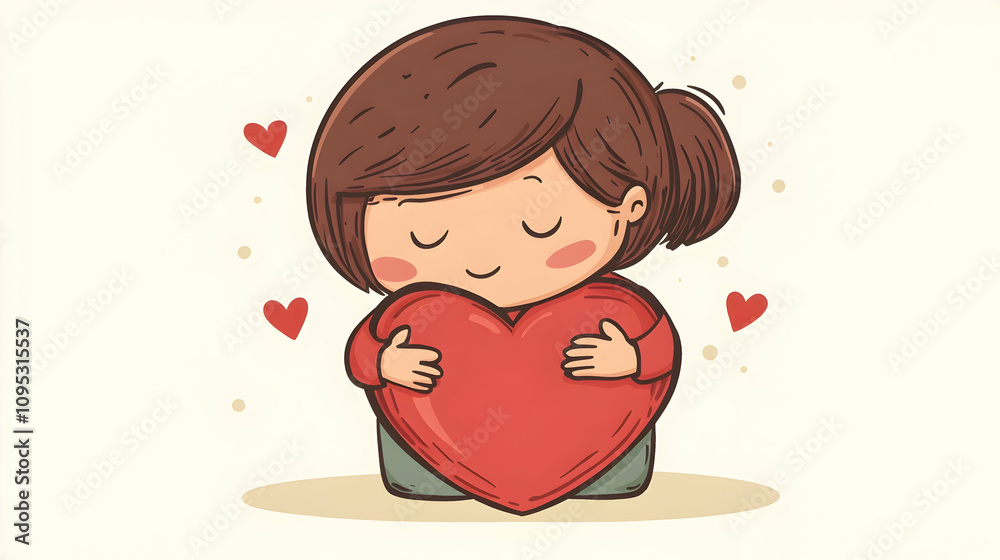 Simple, cute illustration of a person hugging a heart symbolizing self-love and mental health care on a clean background Simple, cute illustration of a person hugging a heart symbolizing self-love and mental health care on a clean background