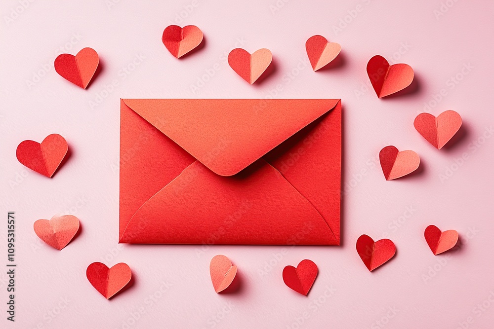 Valentines letter envelope with paper hearts