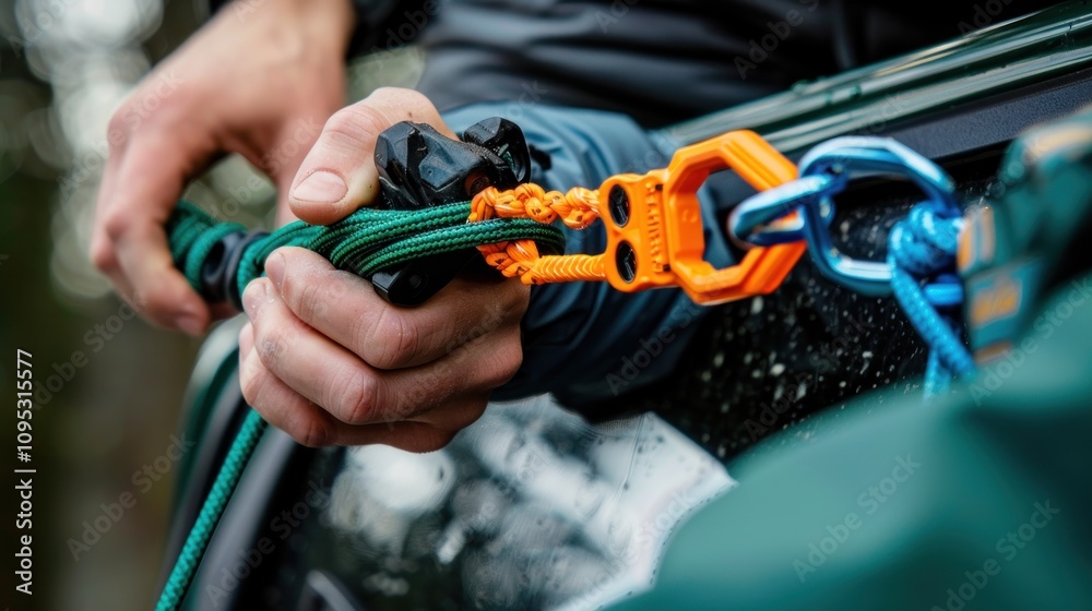 Hands Using Rope and Gear