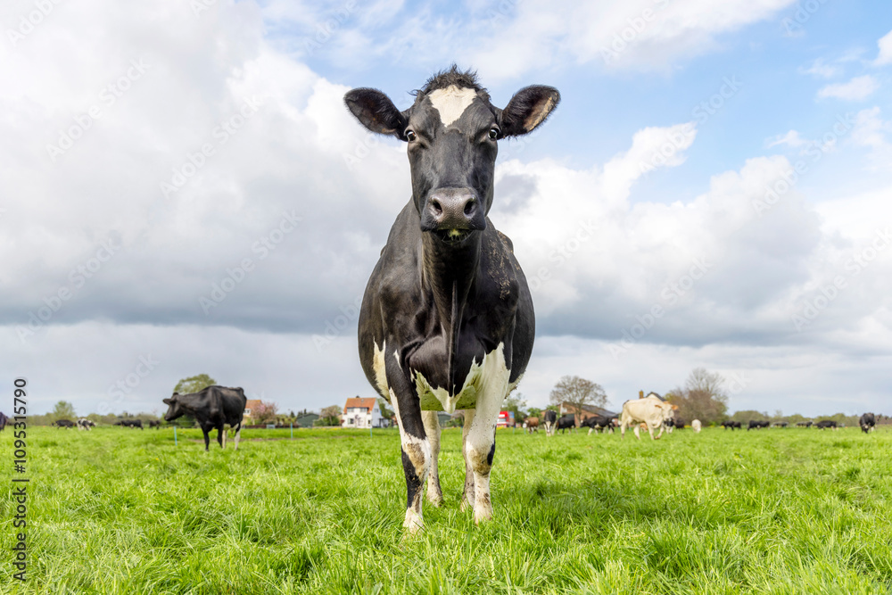 A cow front view full length, an authentic black and white Holstein, a blue sky