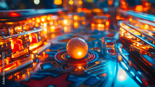 Pinball machine in action, with a ball mid-play, surrounded by illuminated bumpers