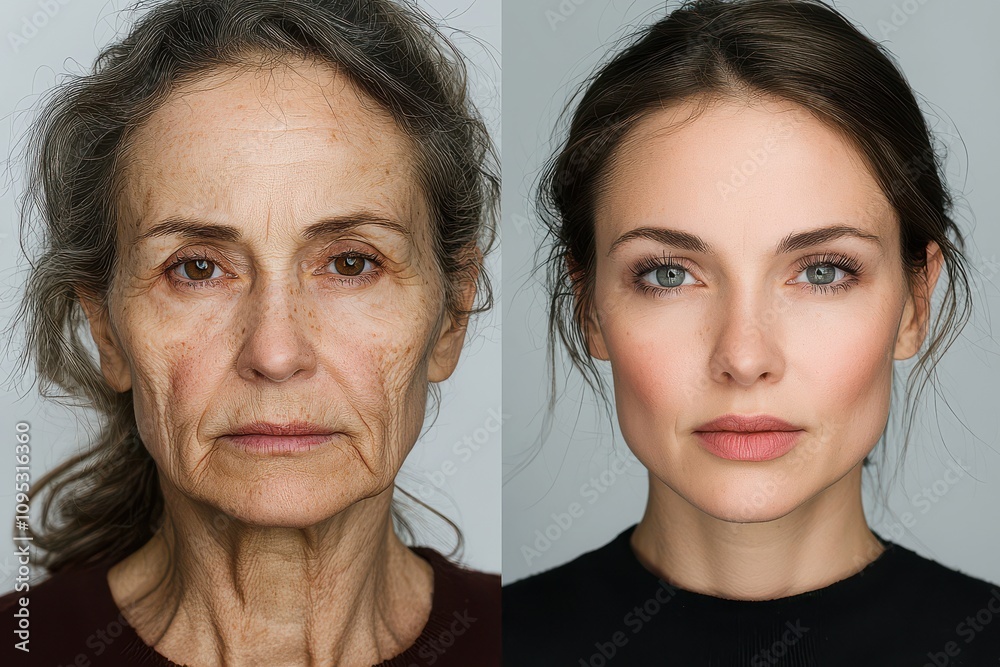 Portrait of a woman with visible wrinkles and fine lines on her face, showcasing skin texture and natural beauty in a close-up view Portrait of a woman with visible wrinkles and fine lines on her face, showcasing skin texture and natural beauty in a close-up view