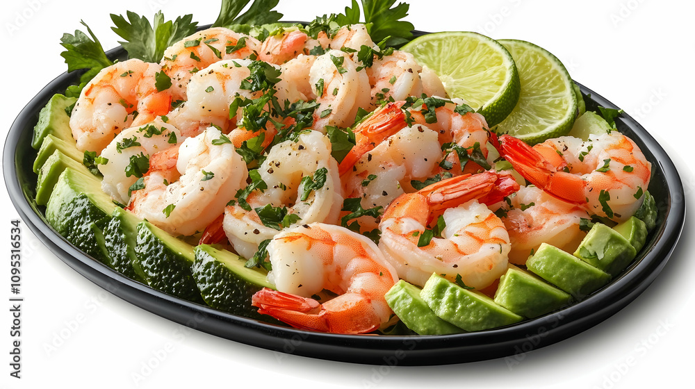 Plate of shrimp and avocado salad with lime dressing, served on a fresh platter Plate of shrimp and avocado salad with lime dressing, served on a fresh platter