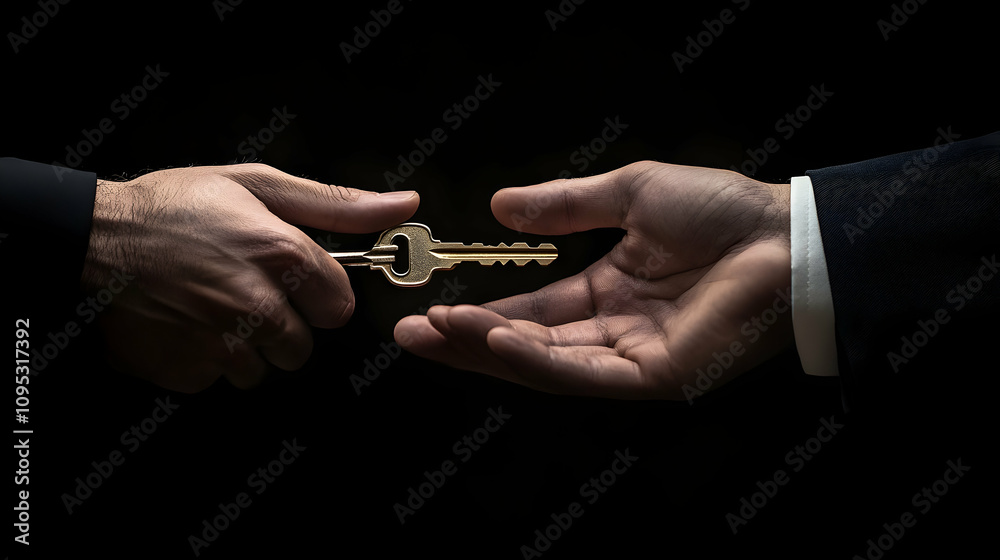 Real estate transaction key handover concept, symbolizing the completion of a deal Real estate transaction key handover concept, symbolizing the completion of a deal