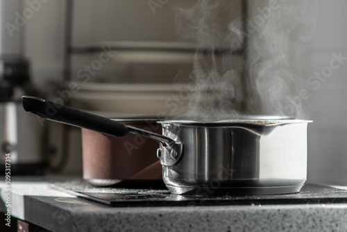Boiling water with steam in a pot on an electric stove in the kitchen. 