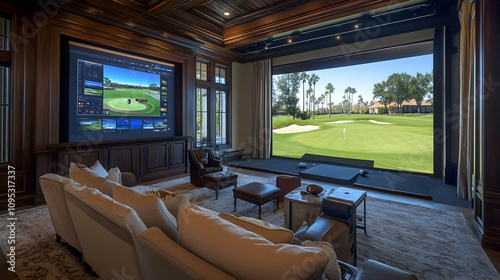 Professional golf simulator featuring virtual courses and digital interface