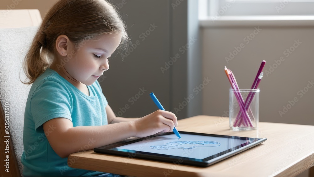 A child drawing on a tablet while sitting at home.
A child drawing on a tablet while sitting at home.