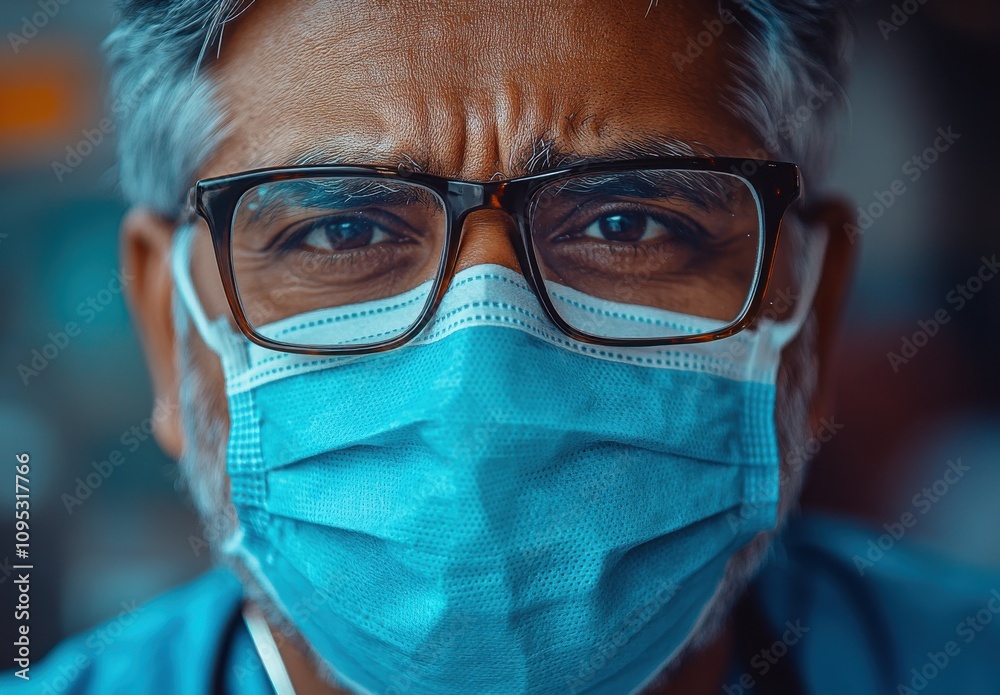 Close-Up Portrait of a Middle-Aged Man with Glasses and Blue Surgical Mask, Emphasizing Health Awareness and Community Safety in Contemporary Times Close-Up Portrait of a Middle-Aged Man with Glasses and Blue Surgical Mask, Emphasizing Health Awareness and Community Safety in Contemporary Times