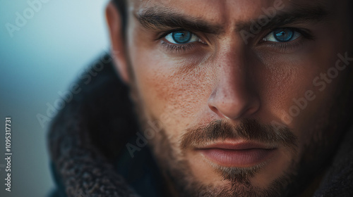 Intense Close up Portrait of Man with Blue Eyes Masculine Face Beard