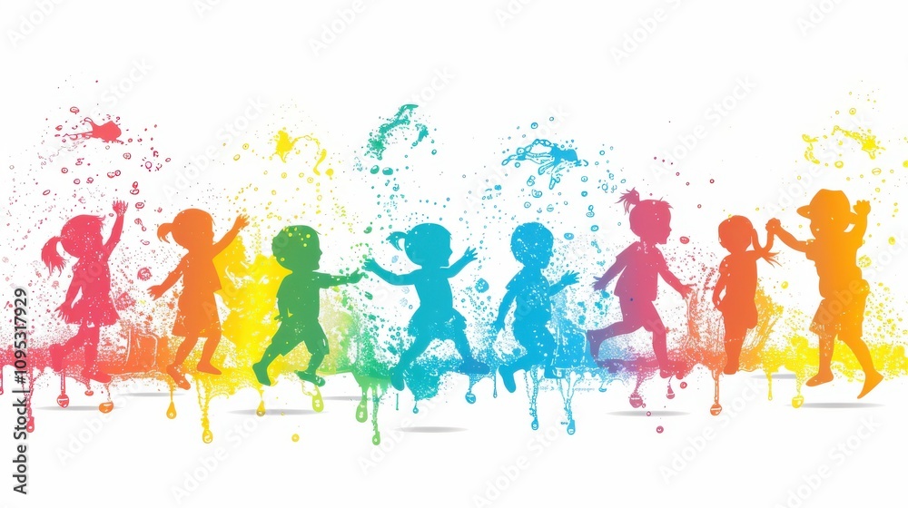 A playful vector design of children playing in a sprinkler with rainbow-colored water splashes A playful vector design of children playing in a sprinkler with rainbow-colored water splashes